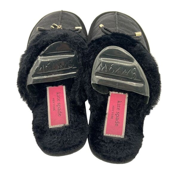 Kate Spade NY Lacey Faux Fur Black Slippers Lightweight Flat Designer Fuzzy - Picture 7 of 7